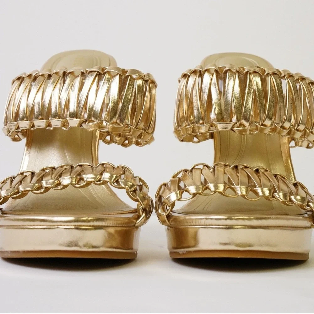 Azalea Wang, Rosamonde Gold Metallic Braided Woven Cutout Wedge Sandals Size 6